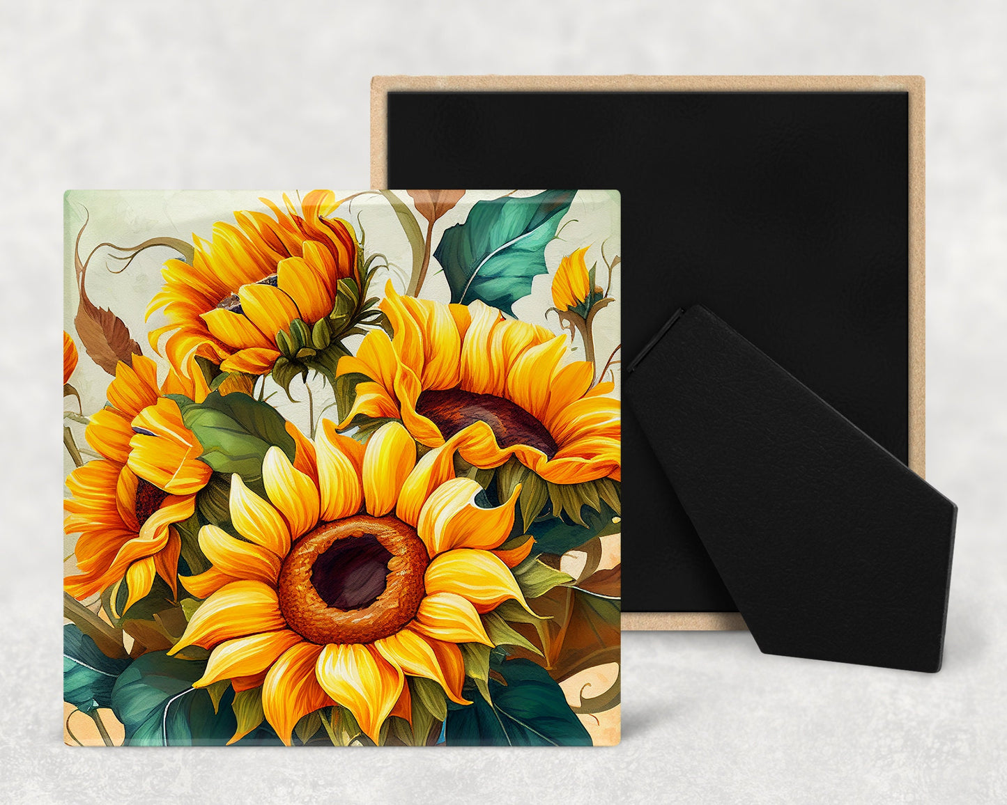 Sunflowers Art Decorative Ceramic Tile Set with Optional Easel Back - Available in 4 sizes - Set of 4