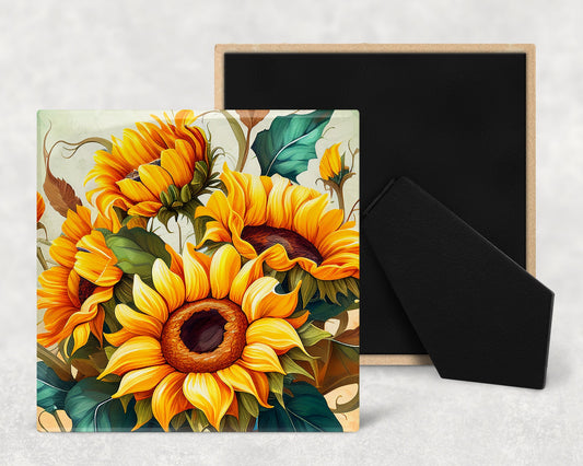 Sunflowers Art Decorative Ceramic Tile Set with Optional Easel Back - Available in 4 sizes - Set of 4