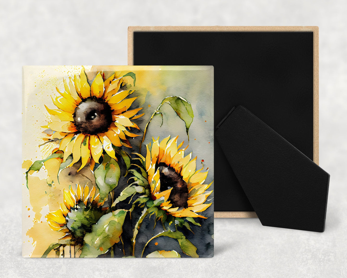 Sunflowers Art Decorative Ceramic Tile Set with Optional Easel Back - Available in 4 sizes - Set of 4