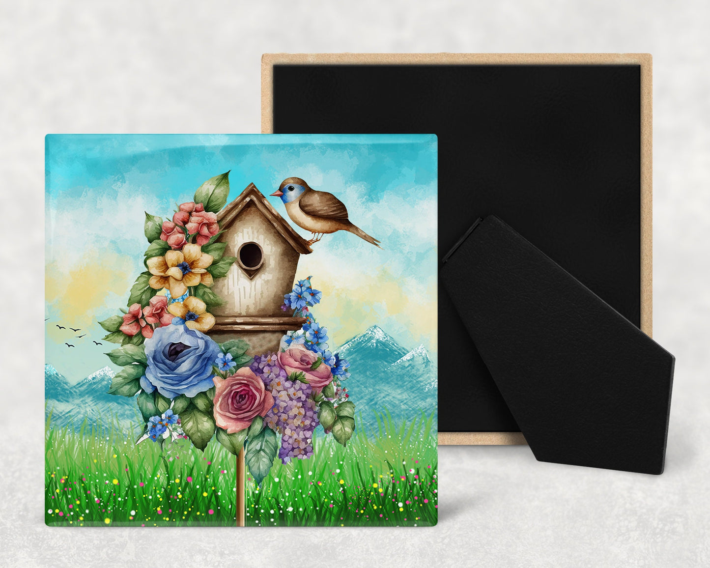 Birdhouses and Flowers Art Decorative Ceramic Tile Set with Optional Easel Back - Available in 4 sizes - Set of 4