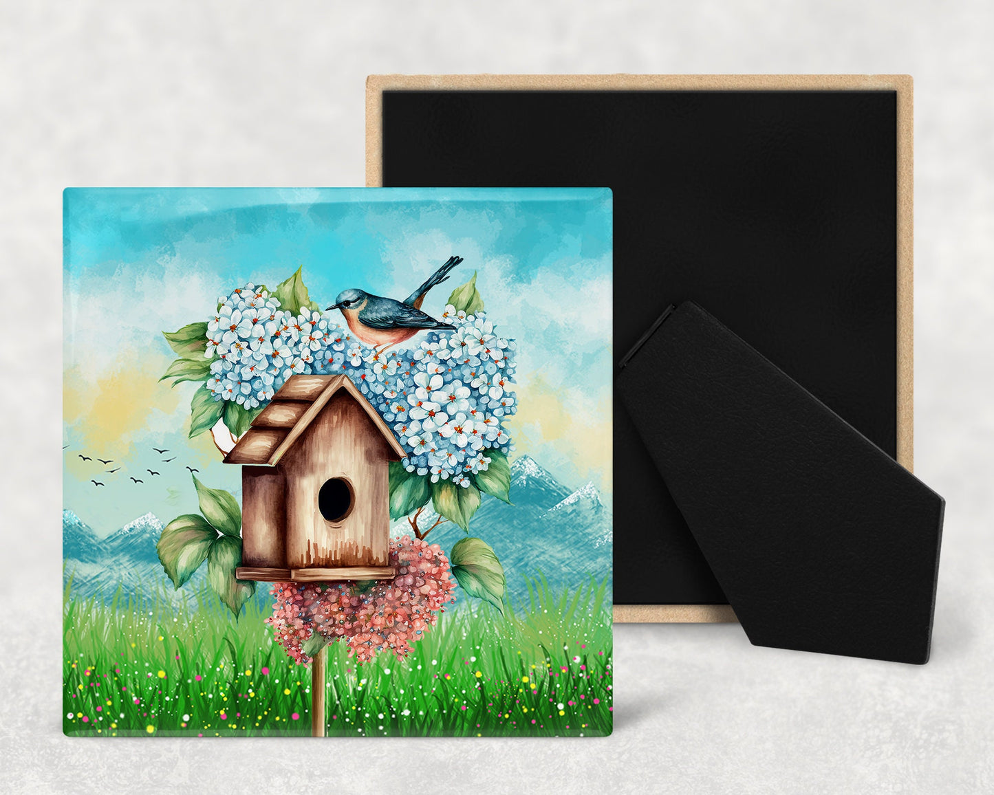 Birdhouses and Flowers Art Decorative Ceramic Tile Set with Optional Easel Back - Available in 4 sizes - Set of 4