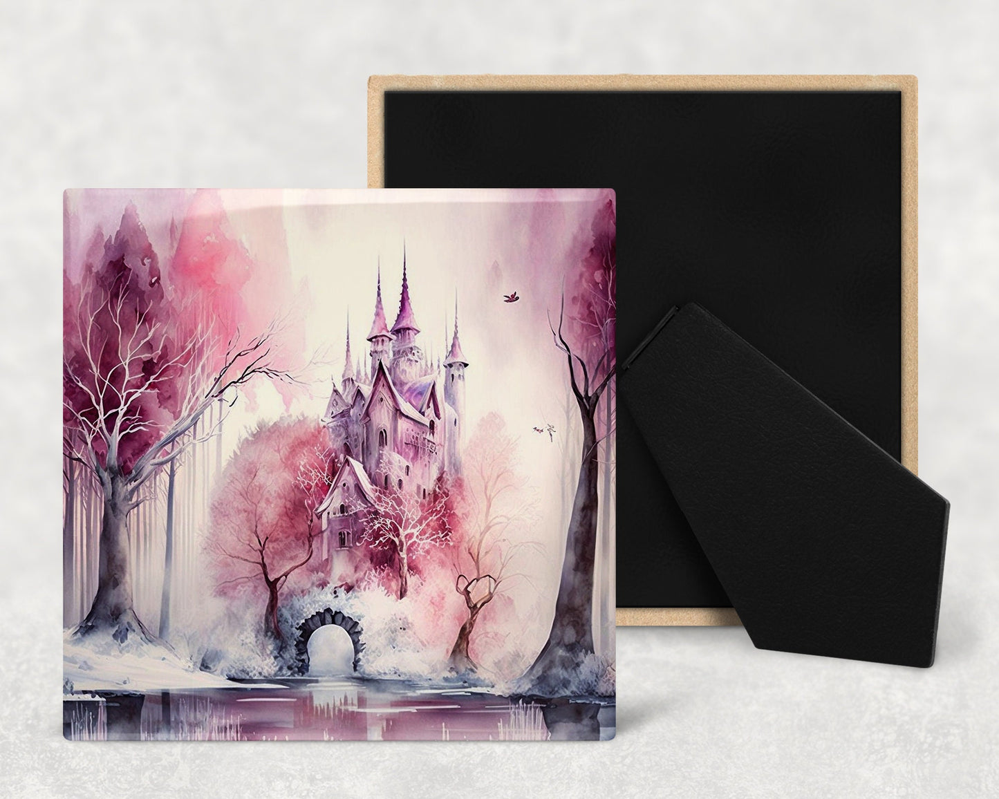 Fairy Tale Castle Art Decorative Ceramic Tile Set with Optional Easel Back - Available in 4 sizes - Set of 4