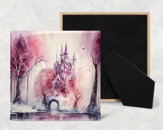 Fairy Tale Castle Art Decorative Ceramic Tile Set with Optional Easel Back - Available in 4 sizes - Set of 4