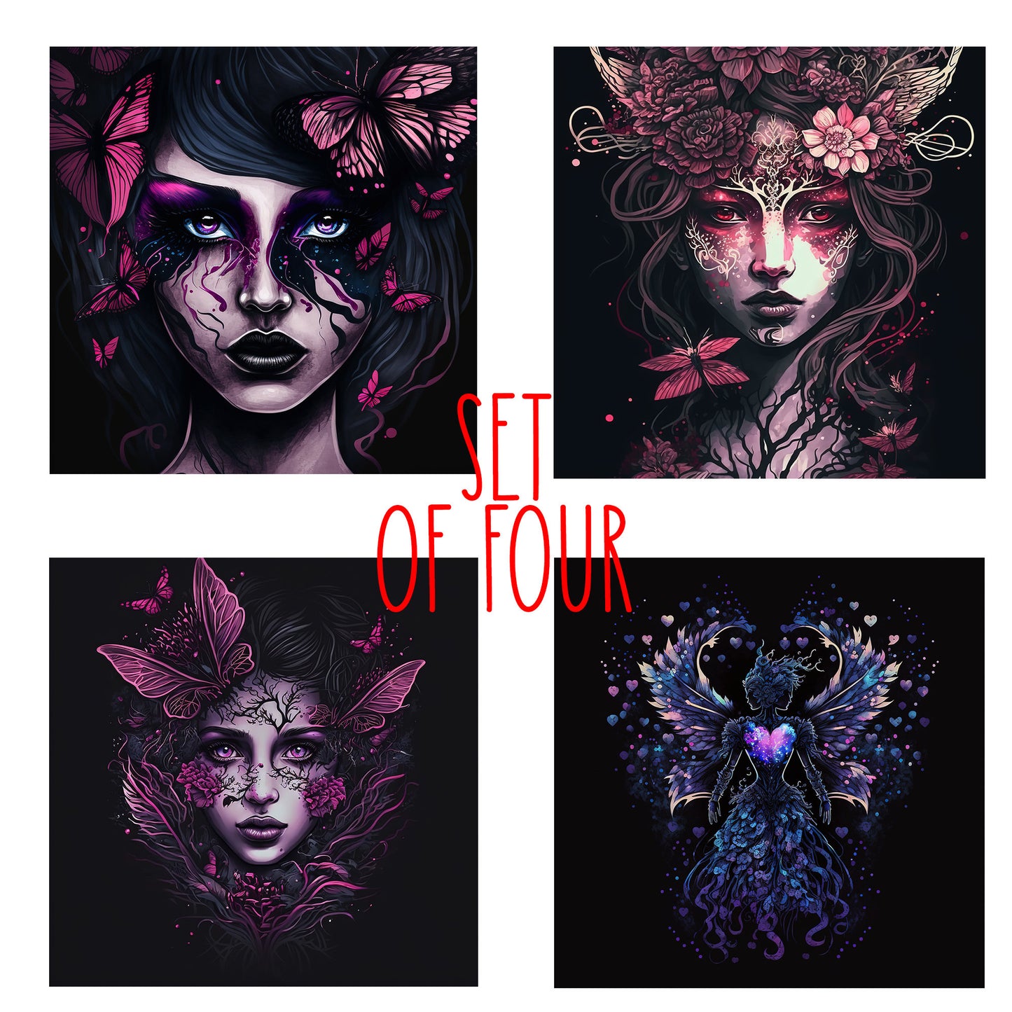 Gothic Fae Art Decorative Ceramic Tile Set with Optional Easel Back - Available in 4 sizes - Set of 4