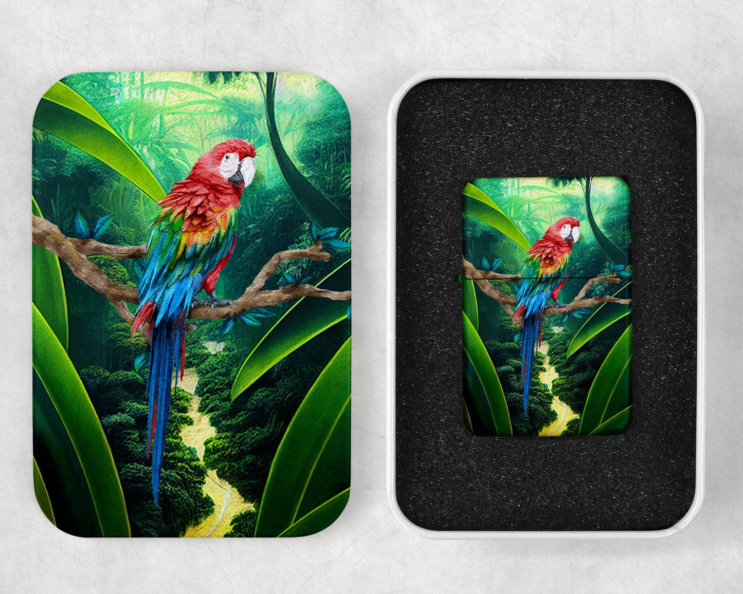 Beautiful Macaw Art Flip Top Lighter and Matching Gift Tin - 2 Design Choices