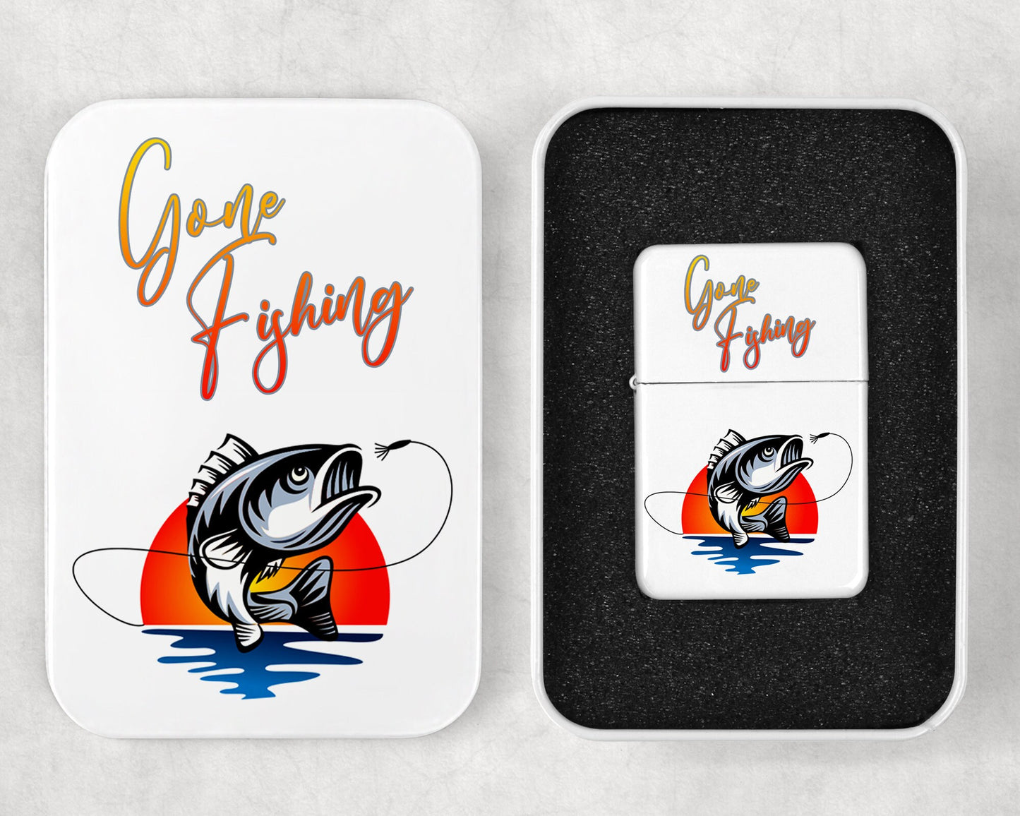 Gone Fishing Art Flip Top Lighter and Matching Gift Tin - 2 Design Choices
