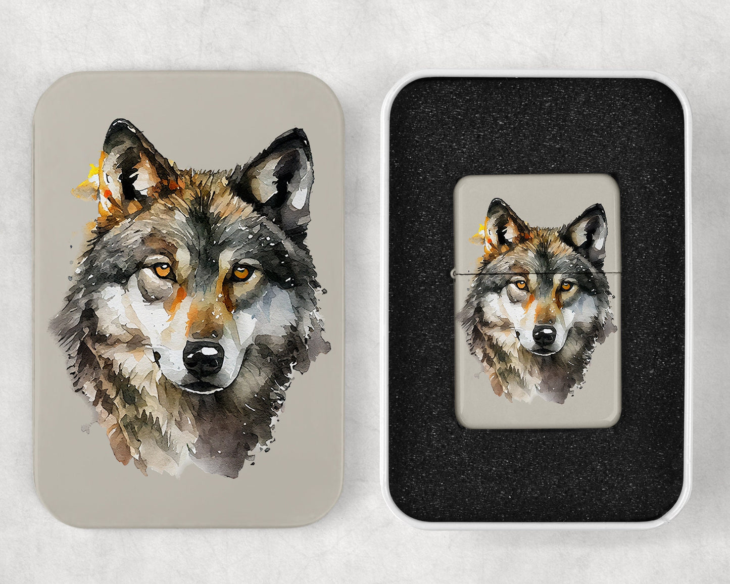Wolf Portrait Art Flip Top Lighter and Matching Gift Tin