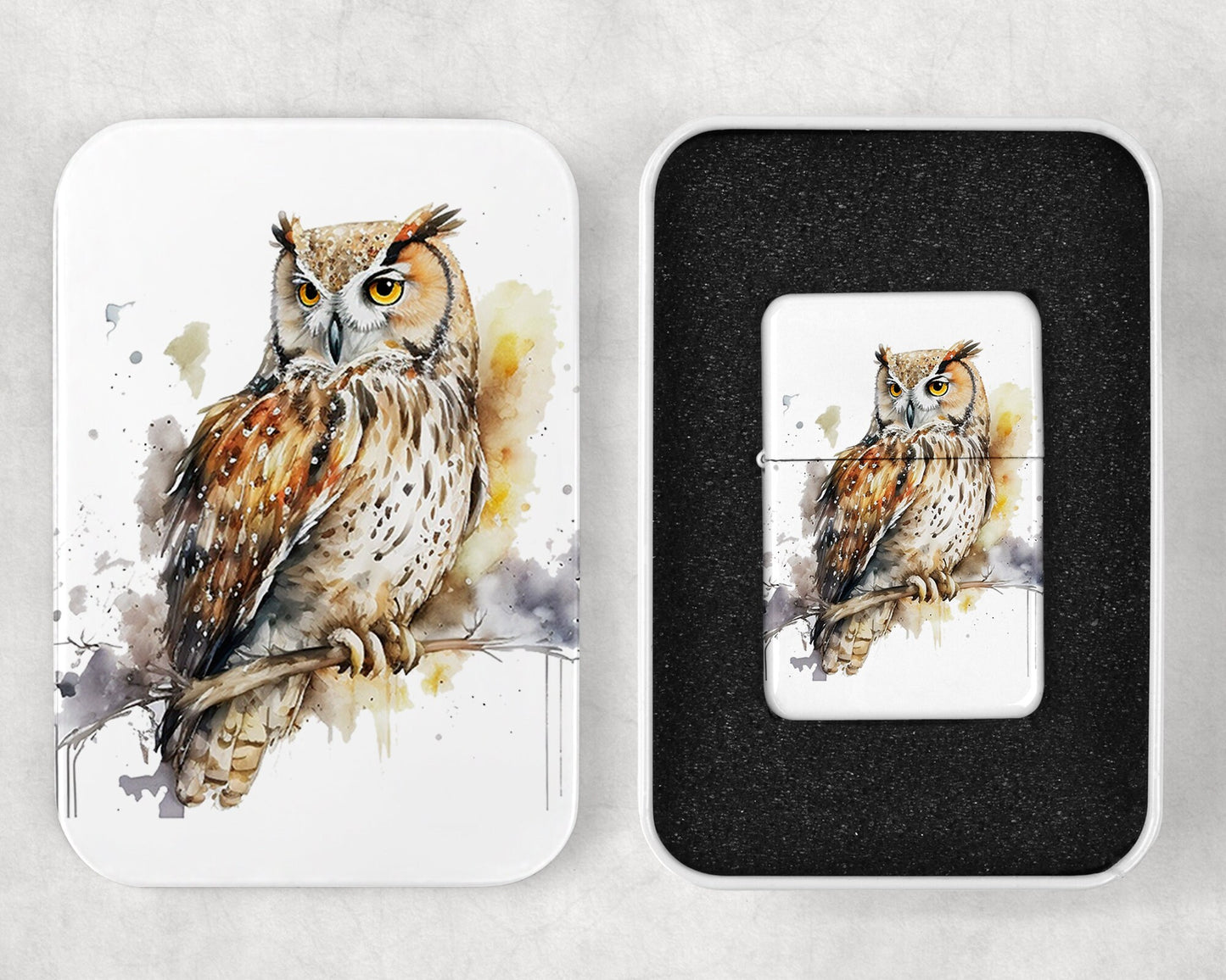 Owl Portrait Art Flip Top Lighter and Matching Gift Tin