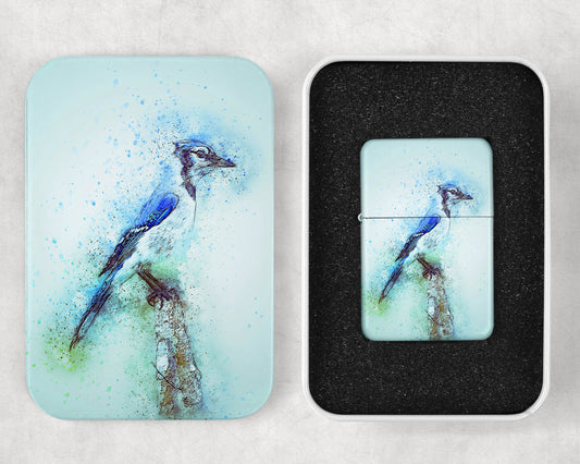 Watercolor Blue Jay Art Flip Top Lighter and Matching Gift Tin