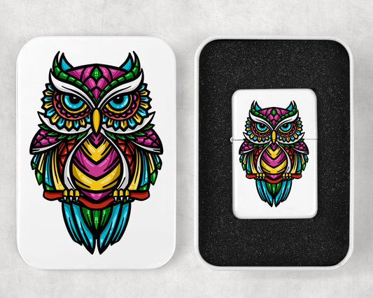 Tribal Owl Art Flip Top Lighter and Matching Gift Tin