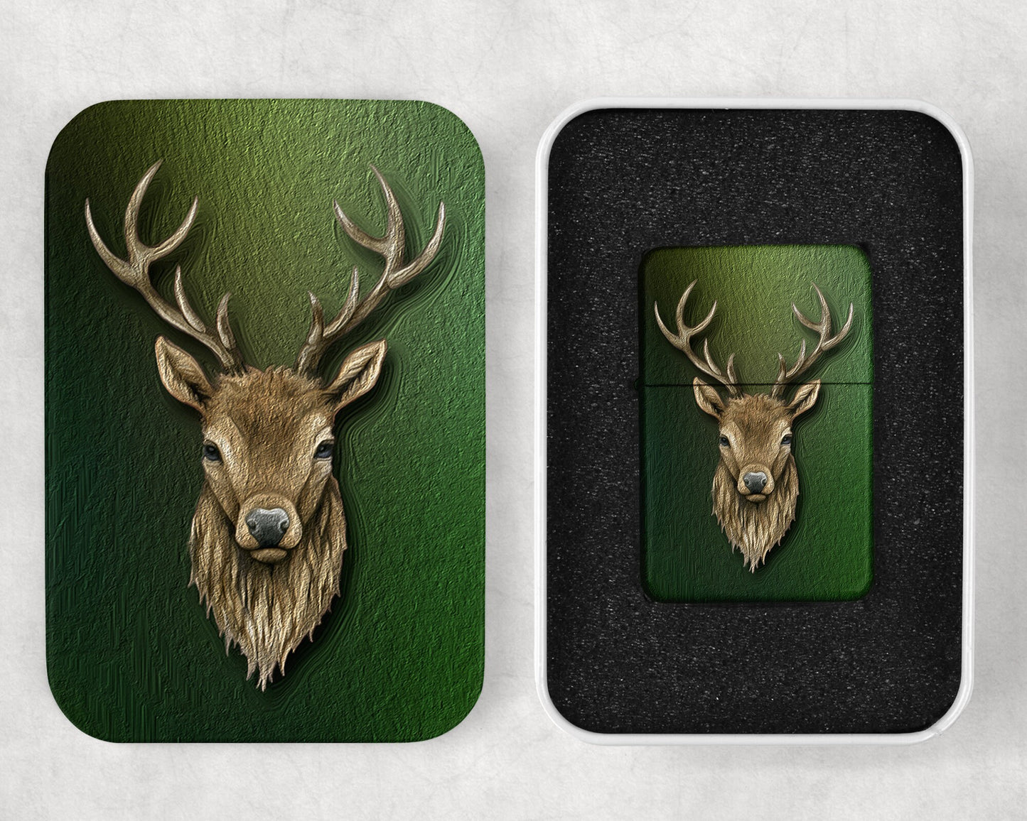 Deer Head Art Flip Top Lighter and Matching Gift Tin - 2 Design Choices