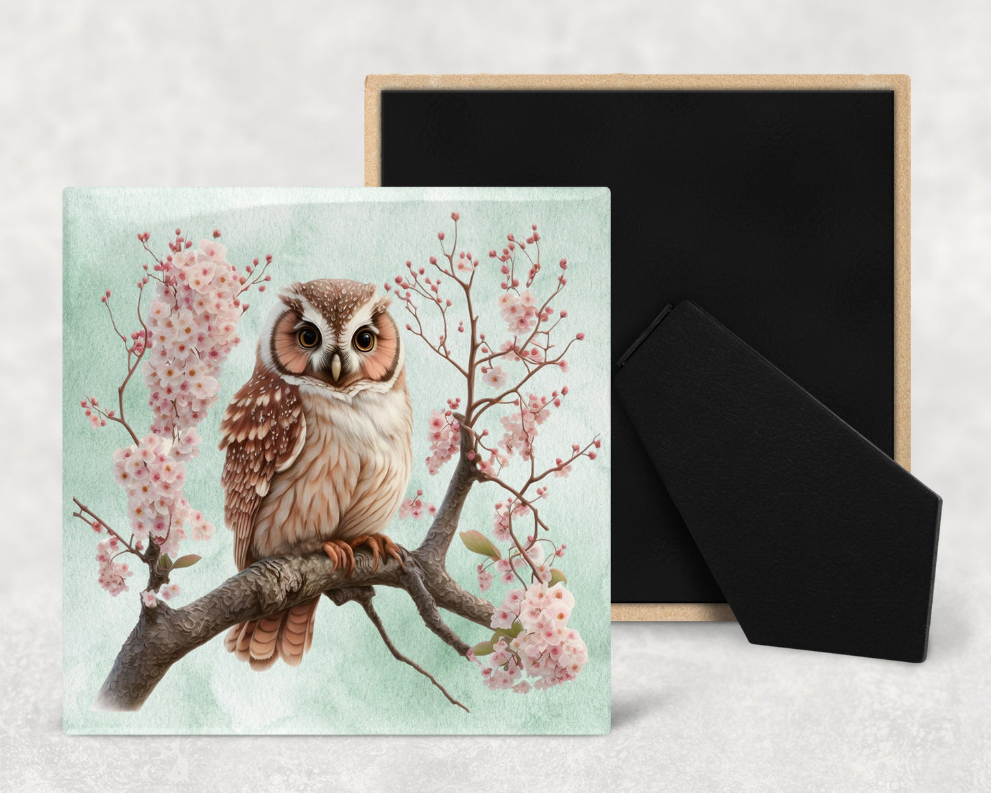 Cute Owl on Cherry Blossoms Decorative Ceramic Tile Set with Optional Easel Back - Available in 4 sizes - Set of 4