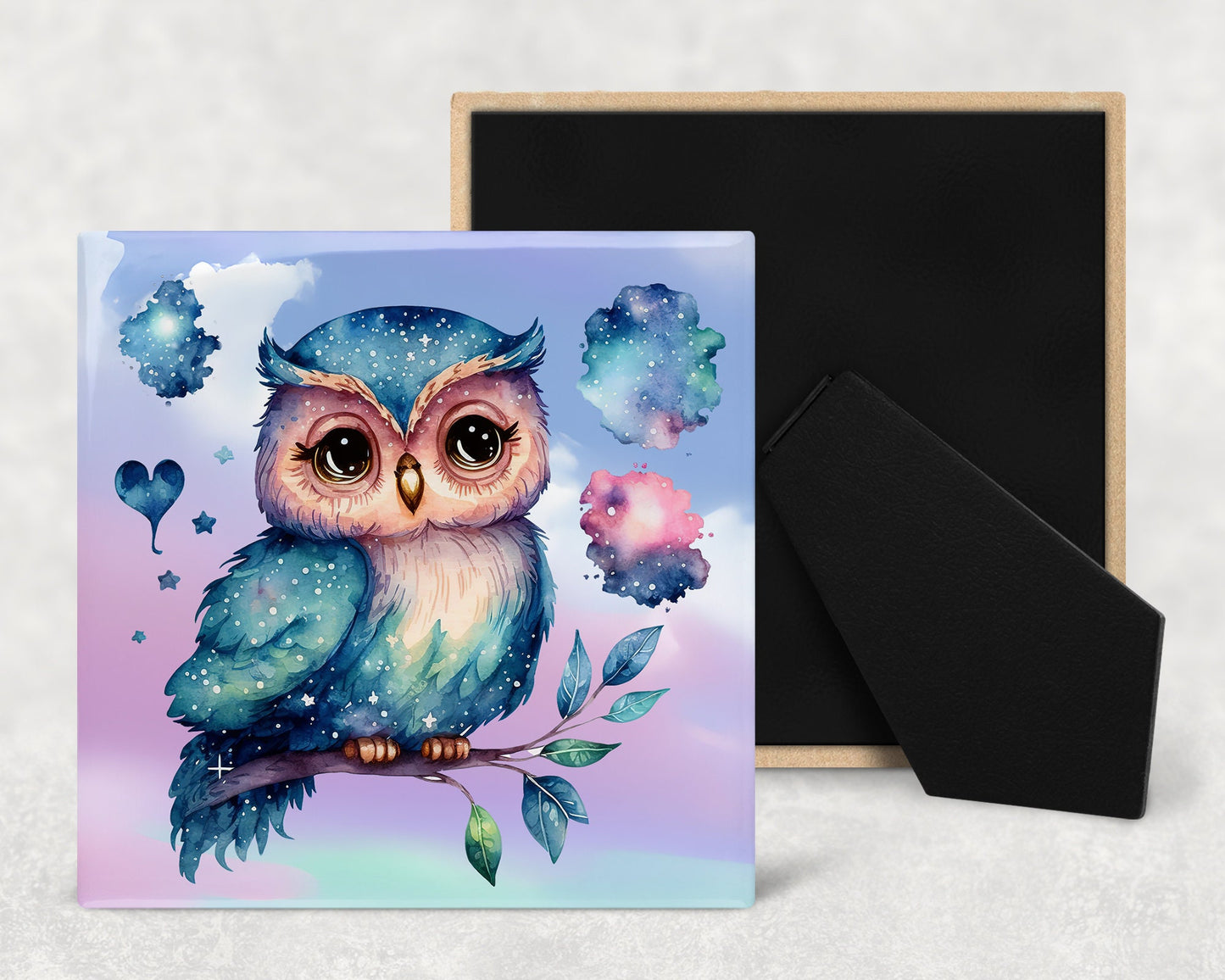 Cute Cartoon Owl Decorative Ceramic Tile Set with Optional Easel Back - Available in 4 sizes - Set of 4