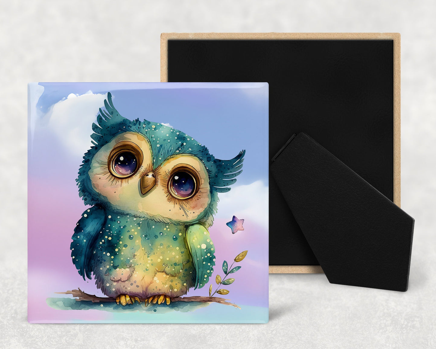 Cute Cartoon Owl Decorative Ceramic Tile Set with Optional Easel Back - Available in 4 sizes - Set of 4