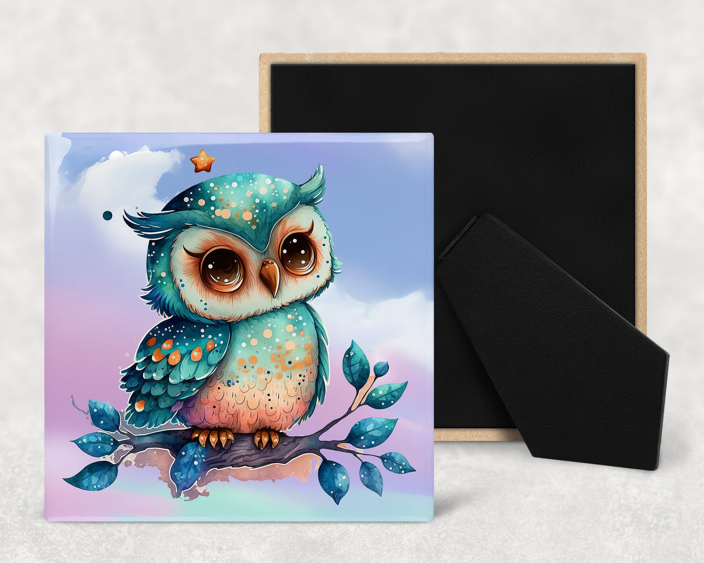 Cute Cartoon Owl Decorative Ceramic Tile Set with Optional Easel Back - Available in 4 sizes - Set of 4