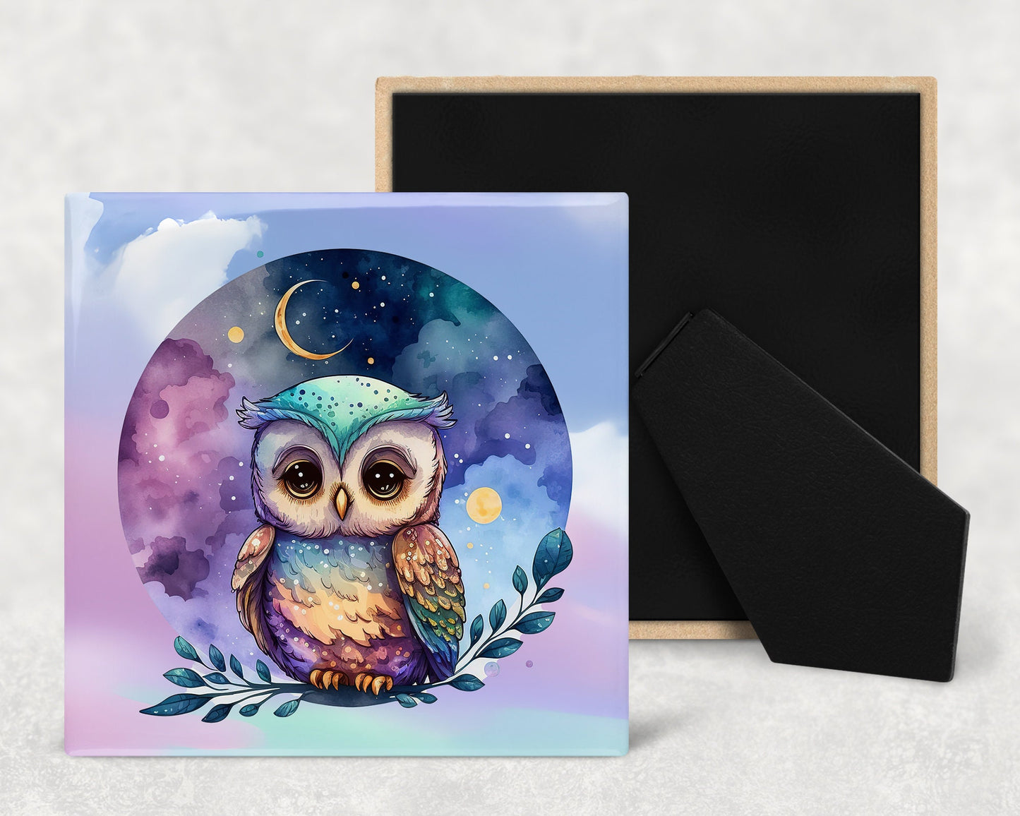 Cute Cartoon Owl Decorative Ceramic Tile Set with Optional Easel Back - Available in 4 sizes - Set of 4