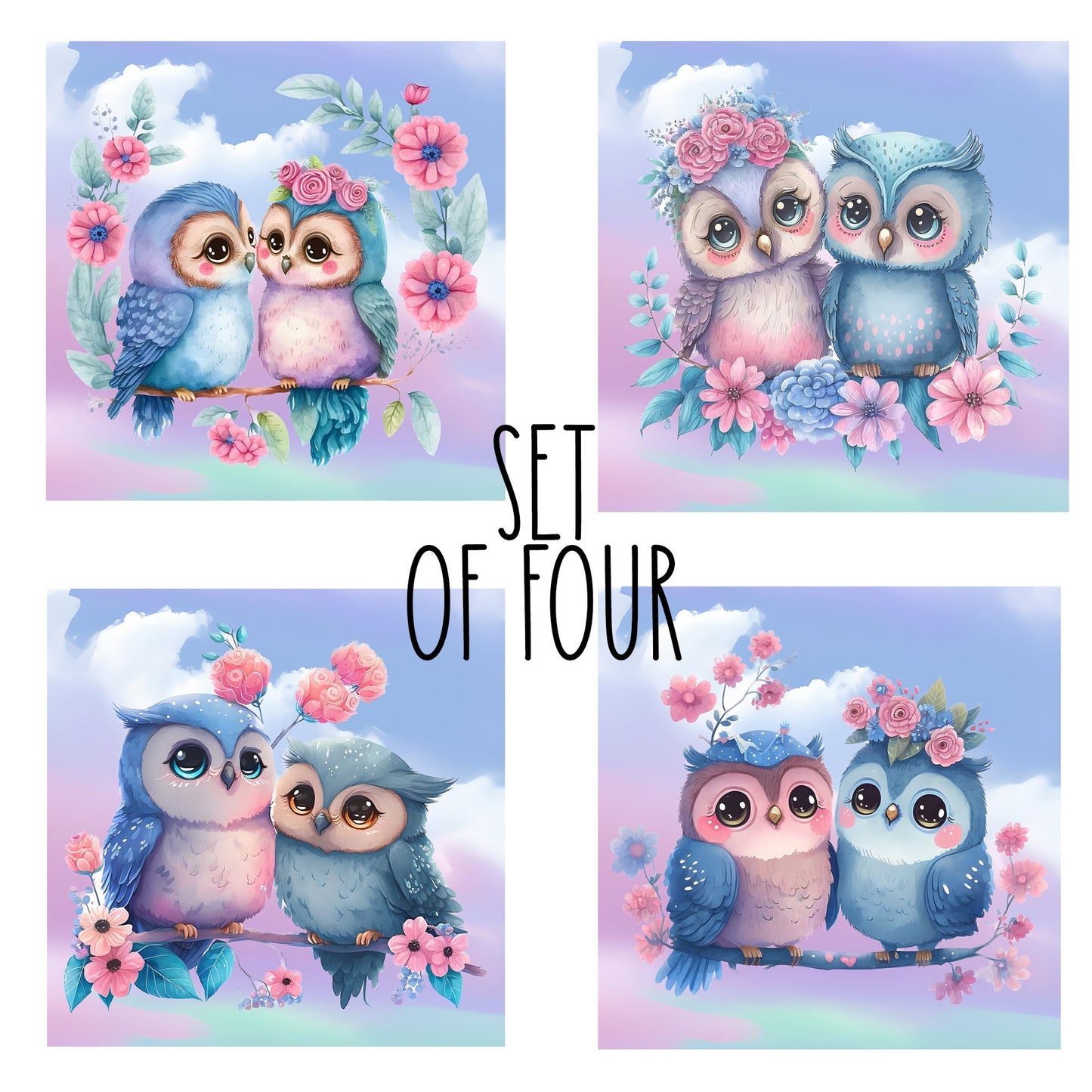 Cute Cartoon Owls In Love Decorative Ceramic Tile Set with Optional Easel Back - Available in 4 sizes - Set of 4
