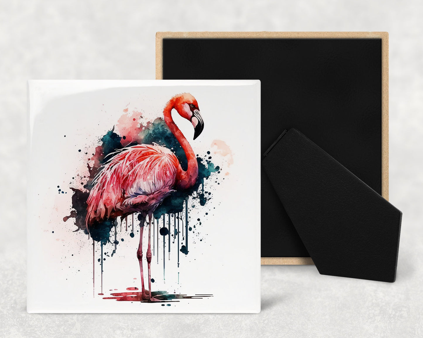 Watercolor Style Flamingo Art Decorative Ceramic Tile Set with Optional Easel Back - Available in 4 sizes - Set of 4