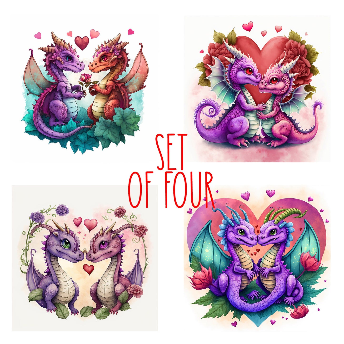 Cute Cartoon Dragons In Love Decorative Ceramic Tile Set with Optional Easel Back - Available in 4 sizes - Set of 4