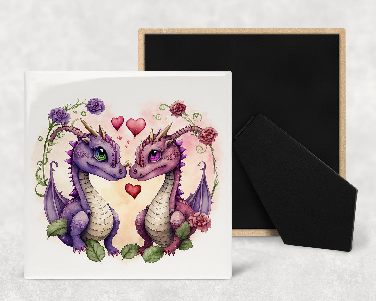 Cute Cartoon Dragons In Love Decorative Ceramic Tile Set with Optional Easel Back - Available in 4 sizes - Set of 4