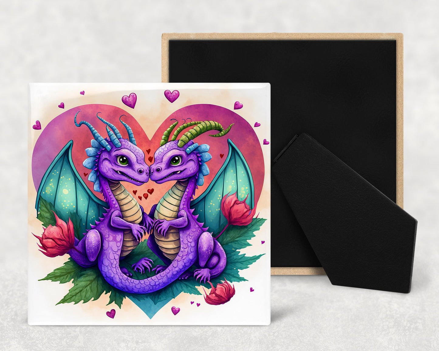 Cute Cartoon Dragons In Love Decorative Ceramic Tile Set with Optional Easel Back - Available in 4 sizes - Set of 4