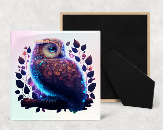 Cute Shiny Owl Decorative Ceramic Tile Set with Optional Easel Back - Available in 4 sizes - Set of 4