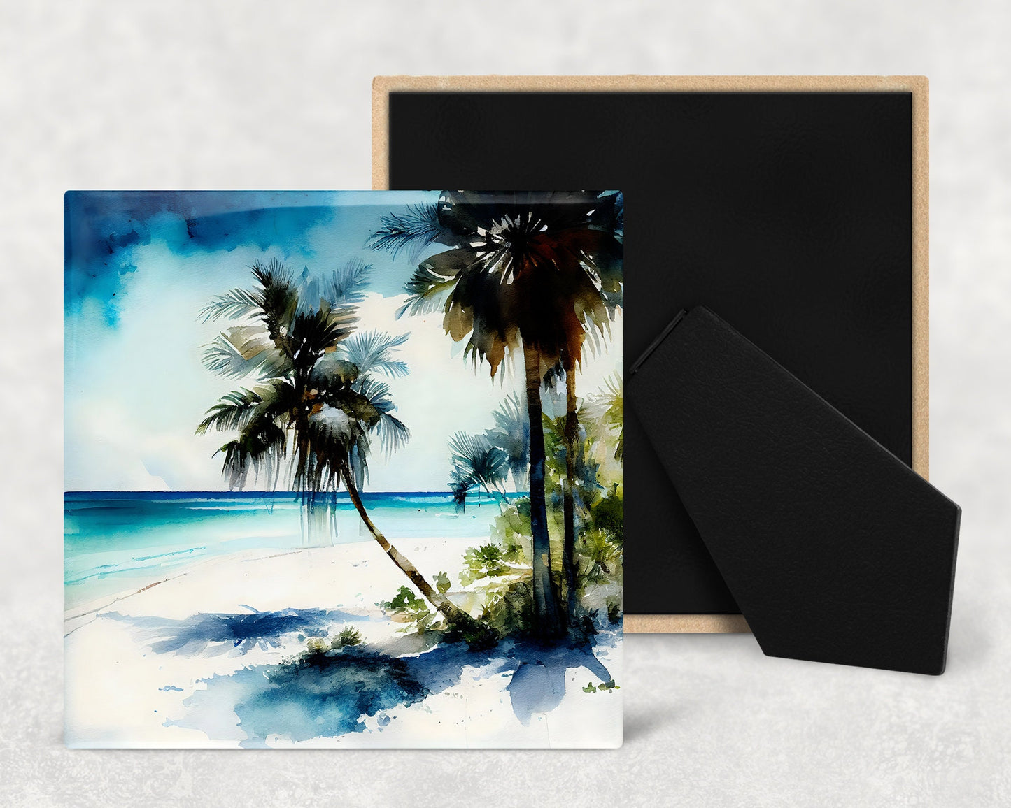 Beach Life Island Art Decorative Ceramic Tile Set with Optional Easel Back - Available in 4 sizes - Set of 4