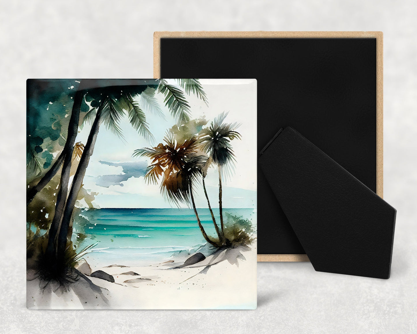 Beach Life Island Art Decorative Ceramic Tile Set with Optional Easel Back - Available in 4 sizes - Set of 4