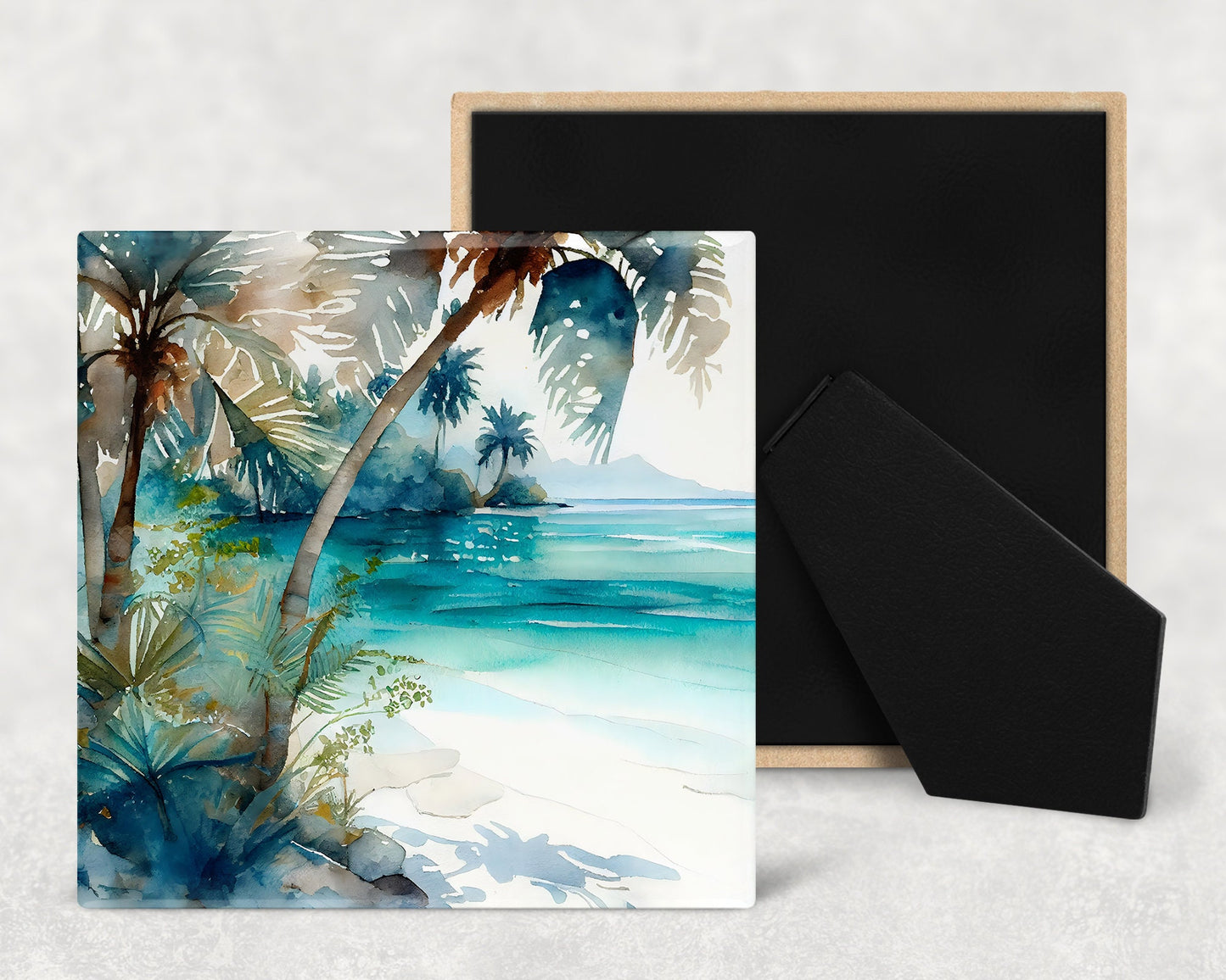 Beach Life Island Art Decorative Ceramic Tile Set with Optional Easel Back - Available in 4 sizes - Set of 4