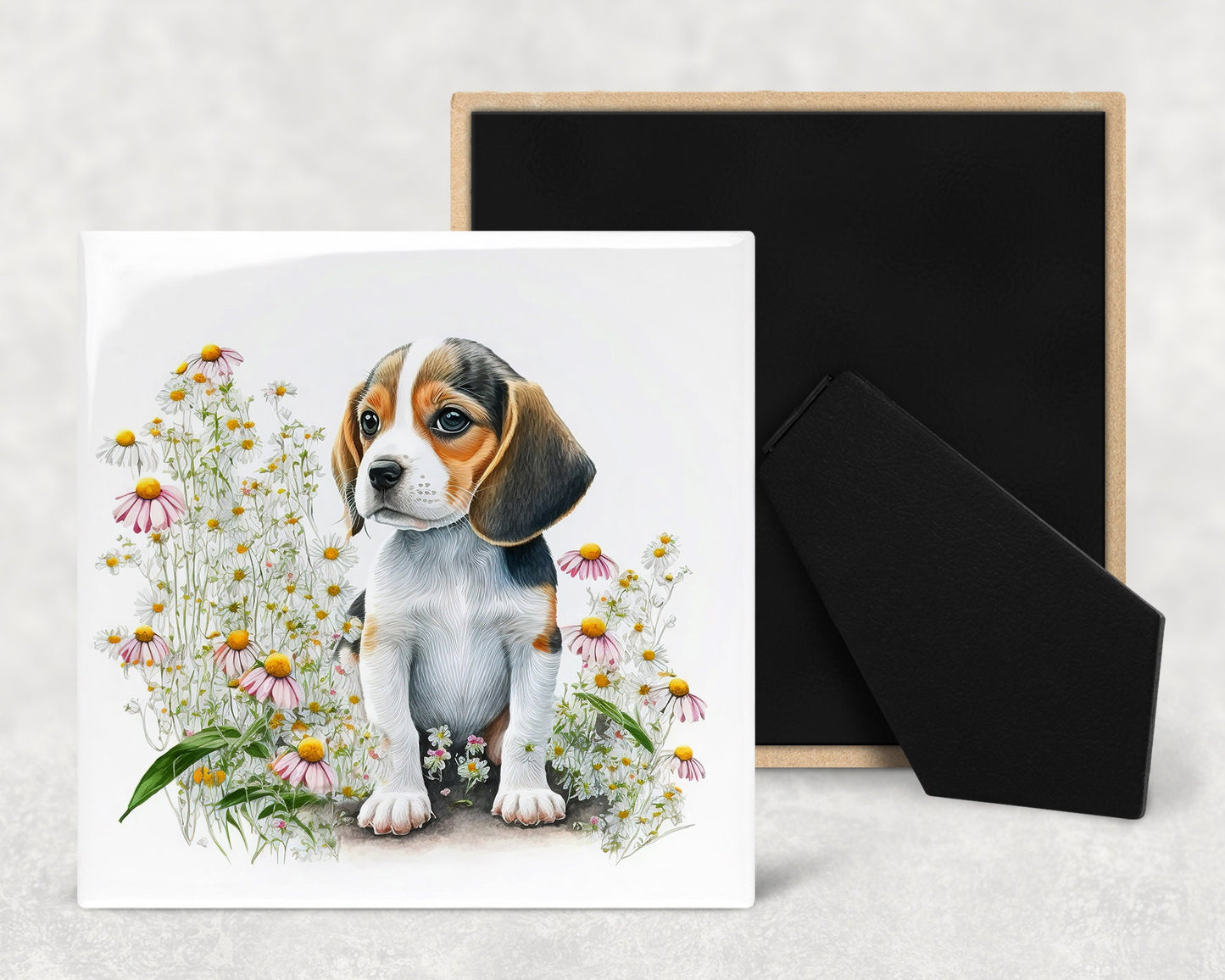 Cute Beagle Puppy Art Decorative Ceramic Tile Set with Optional Easel Back - Available in 4 sizes - Set of 4