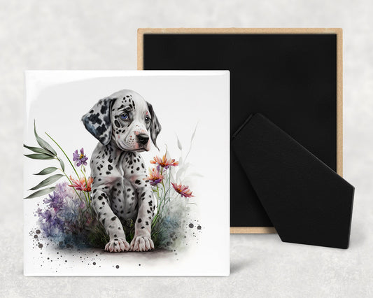 Cute Dalmatian Puppy Art Decorative Ceramic Tile Set with Optional Easel Back - Available in 4 sizes - Set of 4