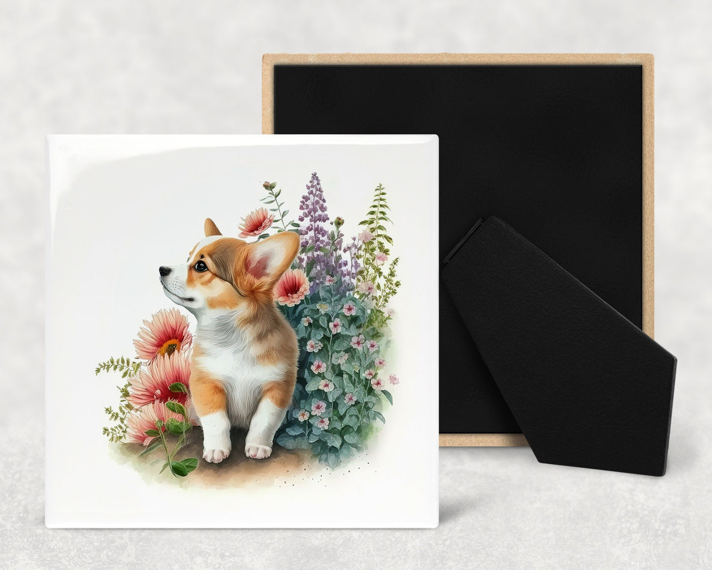 Cute Corgi Puppy Art Decorative Ceramic Tile Set with Optional Easel Back - Available in 4 sizes - Set of 4