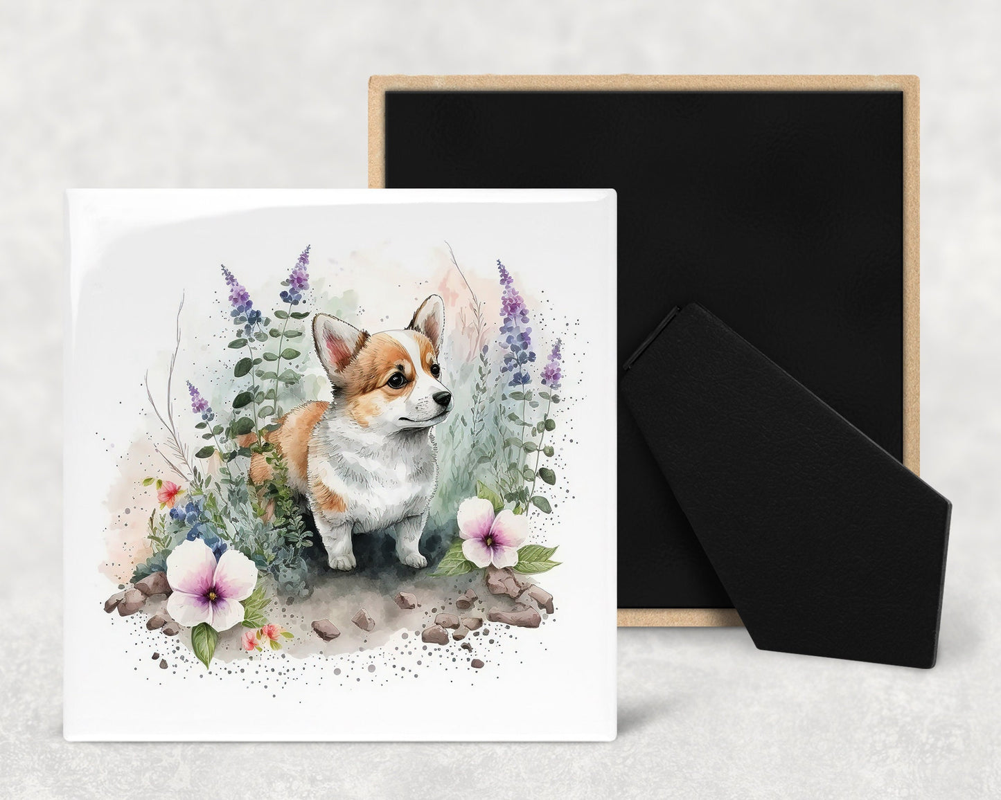 Cute Corgi Puppy Art Decorative Ceramic Tile Set with Optional Easel Back - Available in 4 sizes - Set of 4