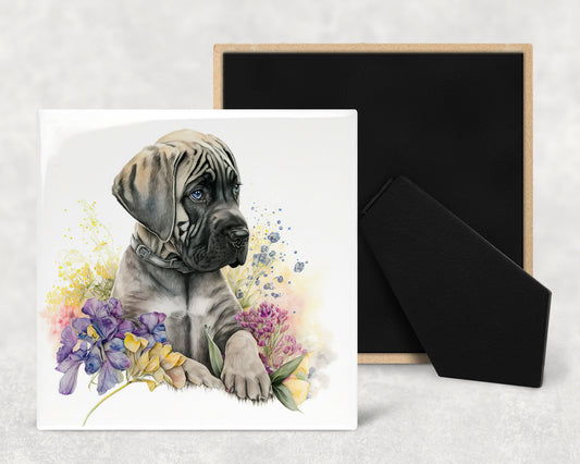 Cute Great Dane Puppy Art Decorative Ceramic Tile Set with Optional Easel Back - Available in 4 sizes - Set of 4