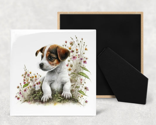 Cute Jack Russell Puppy Art Decorative Ceramic Tile Set with Optional Easel Back - Available in 4 sizes - Set of 4
