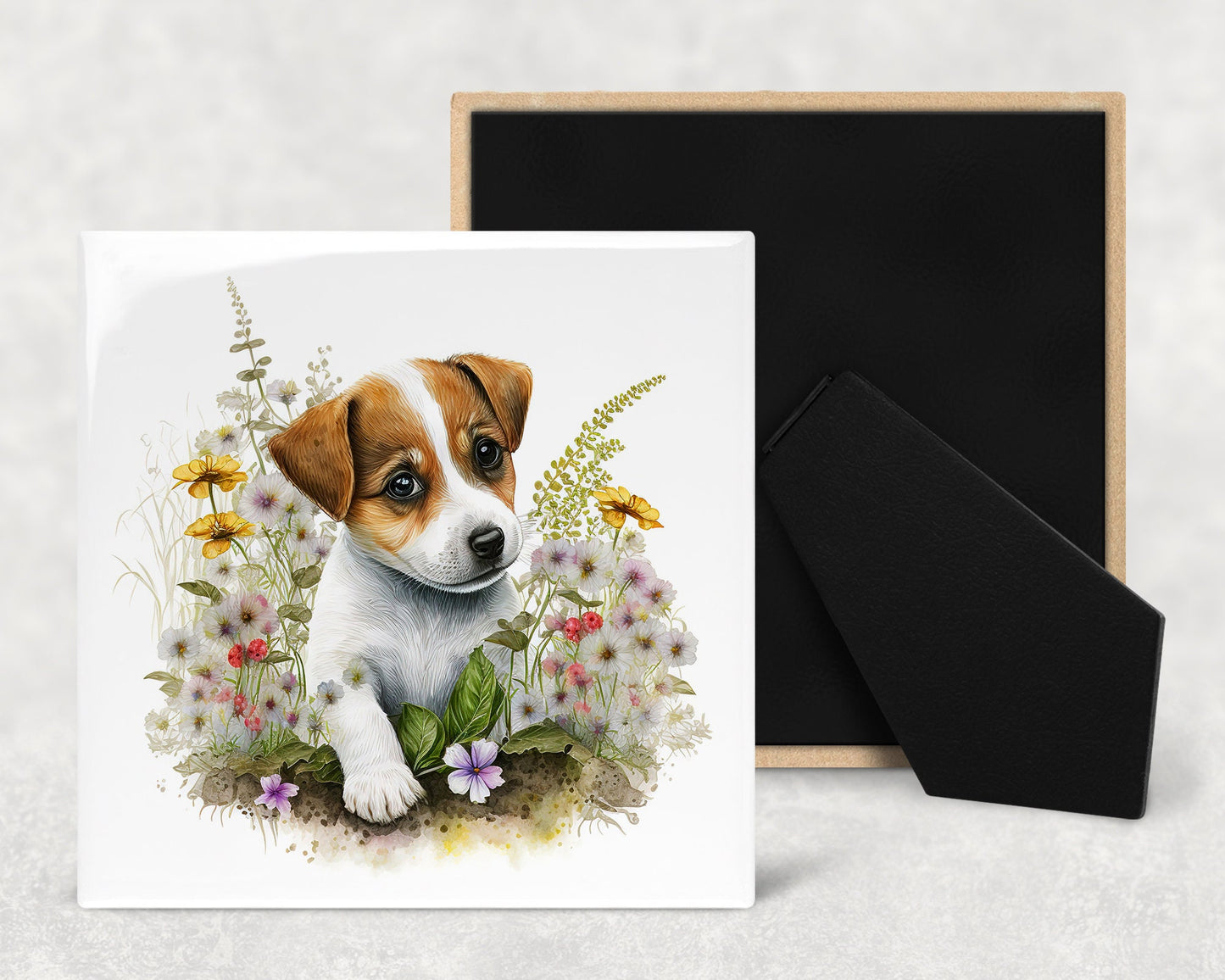 Cute Jack Russell Puppy Art Decorative Ceramic Tile Set with Optional Easel Back - Available in 4 sizes - Set of 4