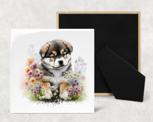 Cute Malamute Puppy Art Decorative Ceramic Tile Set with Optional Easel Back - Available in 4 sizes - Set of 4