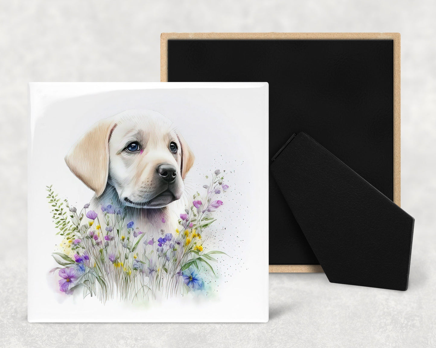 Cute Labrador Puppy Art Decorative Ceramic Tile Set with Optional Easel Back - Available in 4 sizes - Set of 4