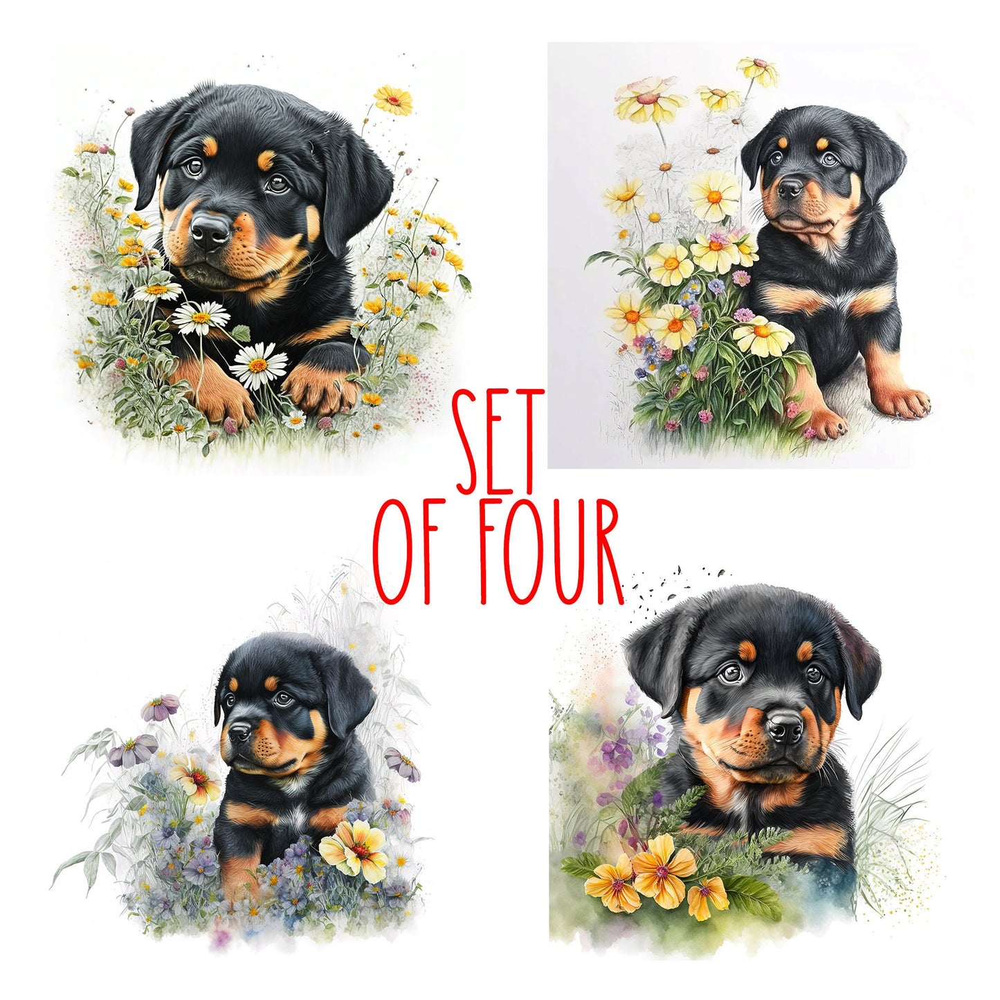 Cute Rottweiler Puppy Art Decorative Ceramic Tile Set with Optional Easel Back - Available in 4 sizes - Set of 4