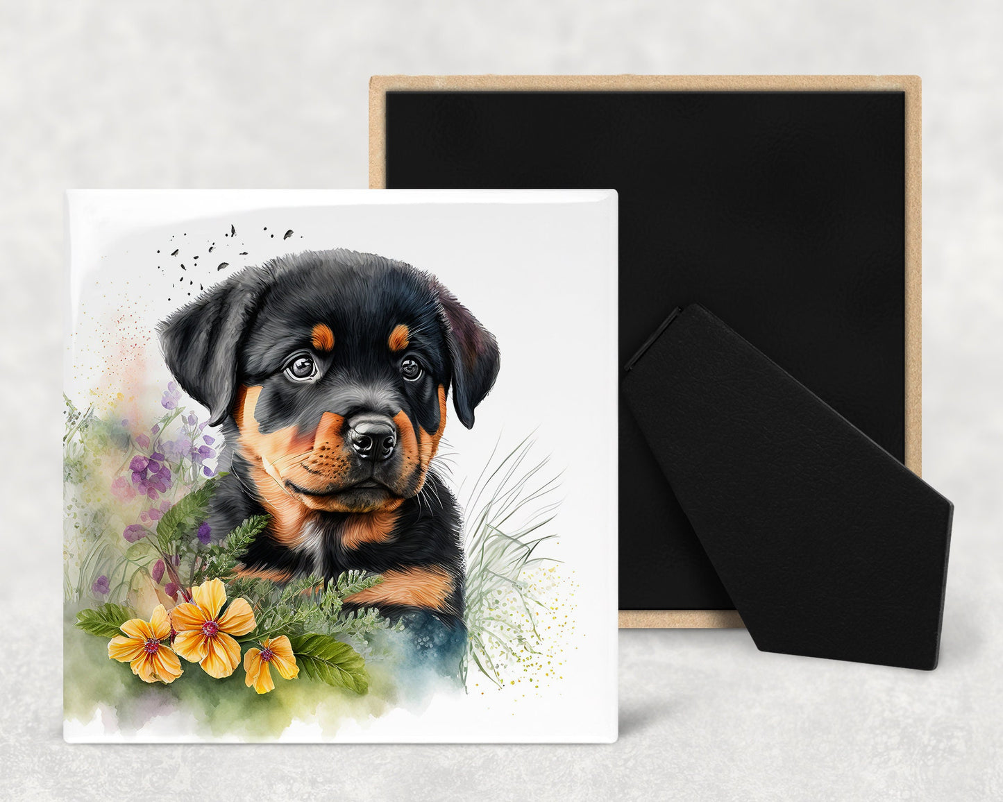 Cute Rottweiler Puppy Art Decorative Ceramic Tile Set with Optional Easel Back - Available in 4 sizes - Set of 4