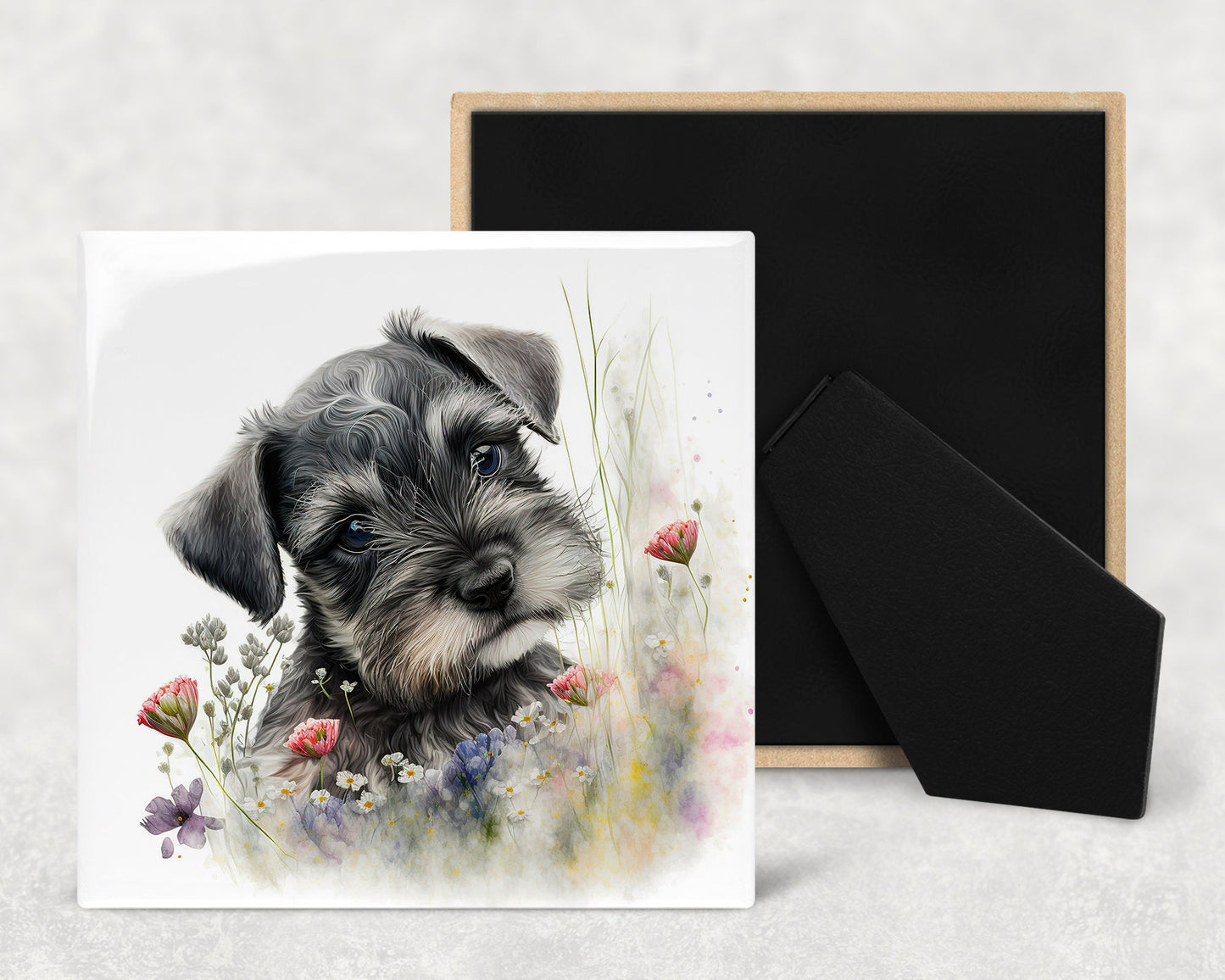 Cute Schnauzer Puppy Art Decorative Ceramic Tile Set with Optional Easel Back - Available in 4 sizes - Set of 4