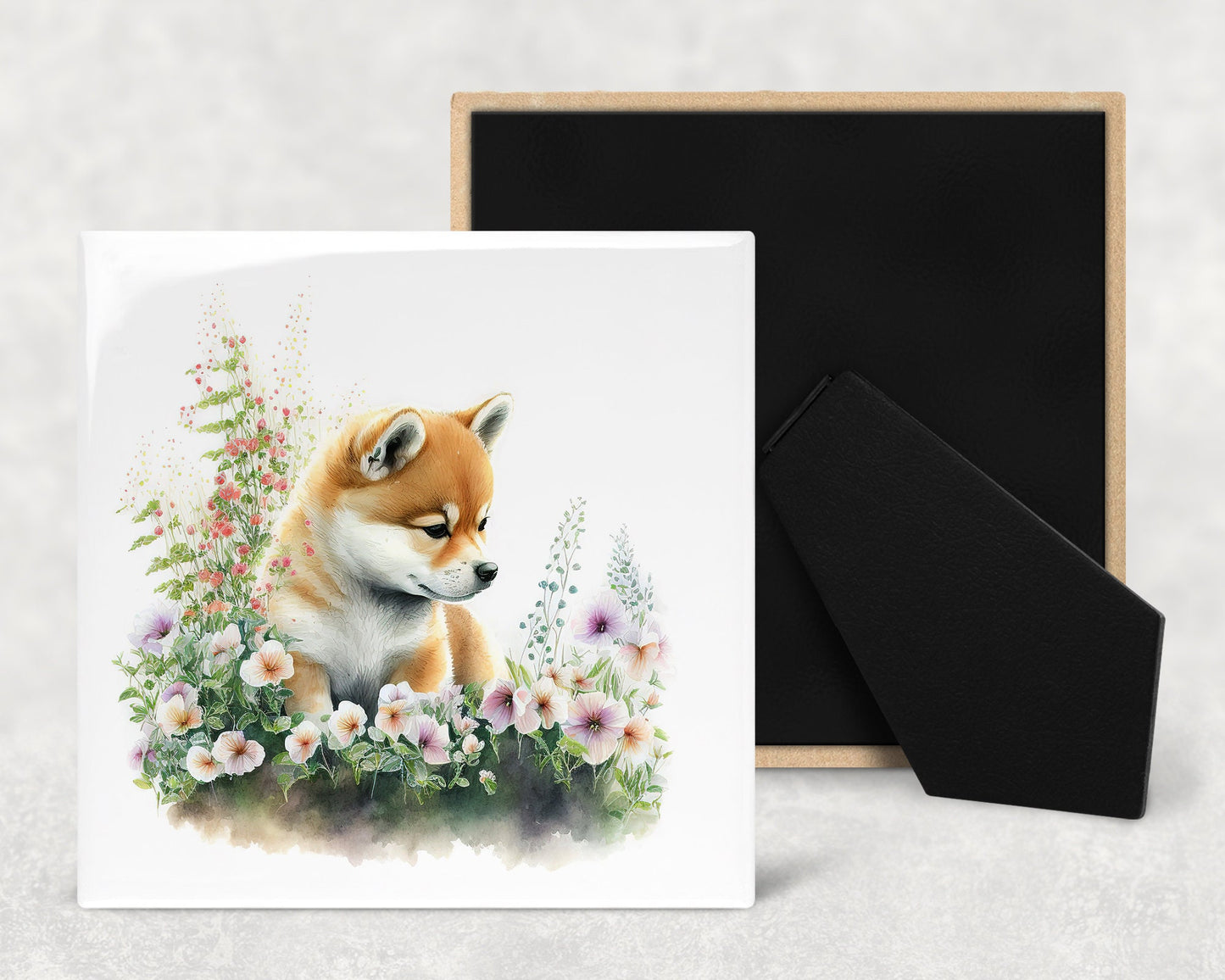 Cute Shiba Inu Puppy Art Decorative Ceramic Tile Set with Optional Easel Back - Available in 4 sizes - Set of 4