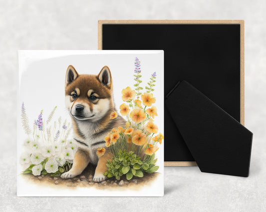 Cute Shiba Inu Puppy Art Decorative Ceramic Tile Set with Optional Easel Back - Available in 4 sizes - Set of 4