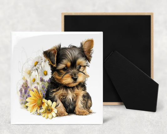 Cute Yorkie Puppy Art Decorative Ceramic Tile Set with Optional Easel Back - Available in 4 sizes - Set of 4