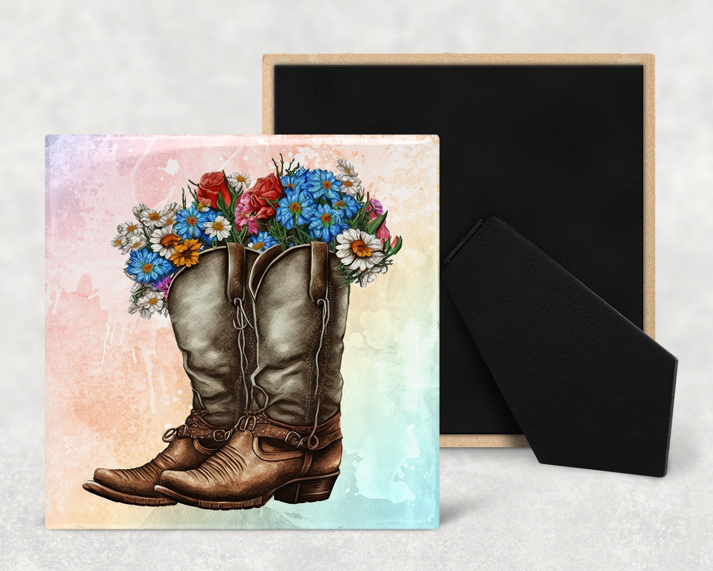 Floral Boots Art Decorative Ceramic Tile Set with Optional Easel Back - Available in 4 sizes - Set of 4