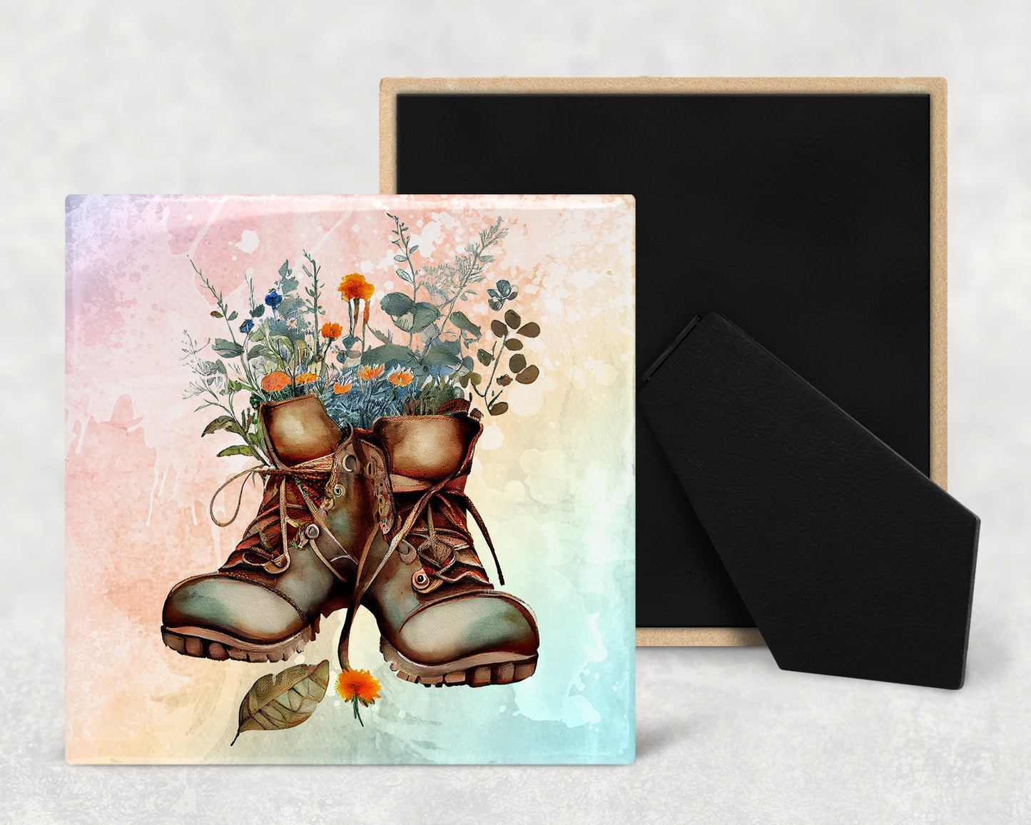 Floral Boots Art Decorative Ceramic Tile Set with Optional Easel Back - Available in 4 sizes - Set of 4
