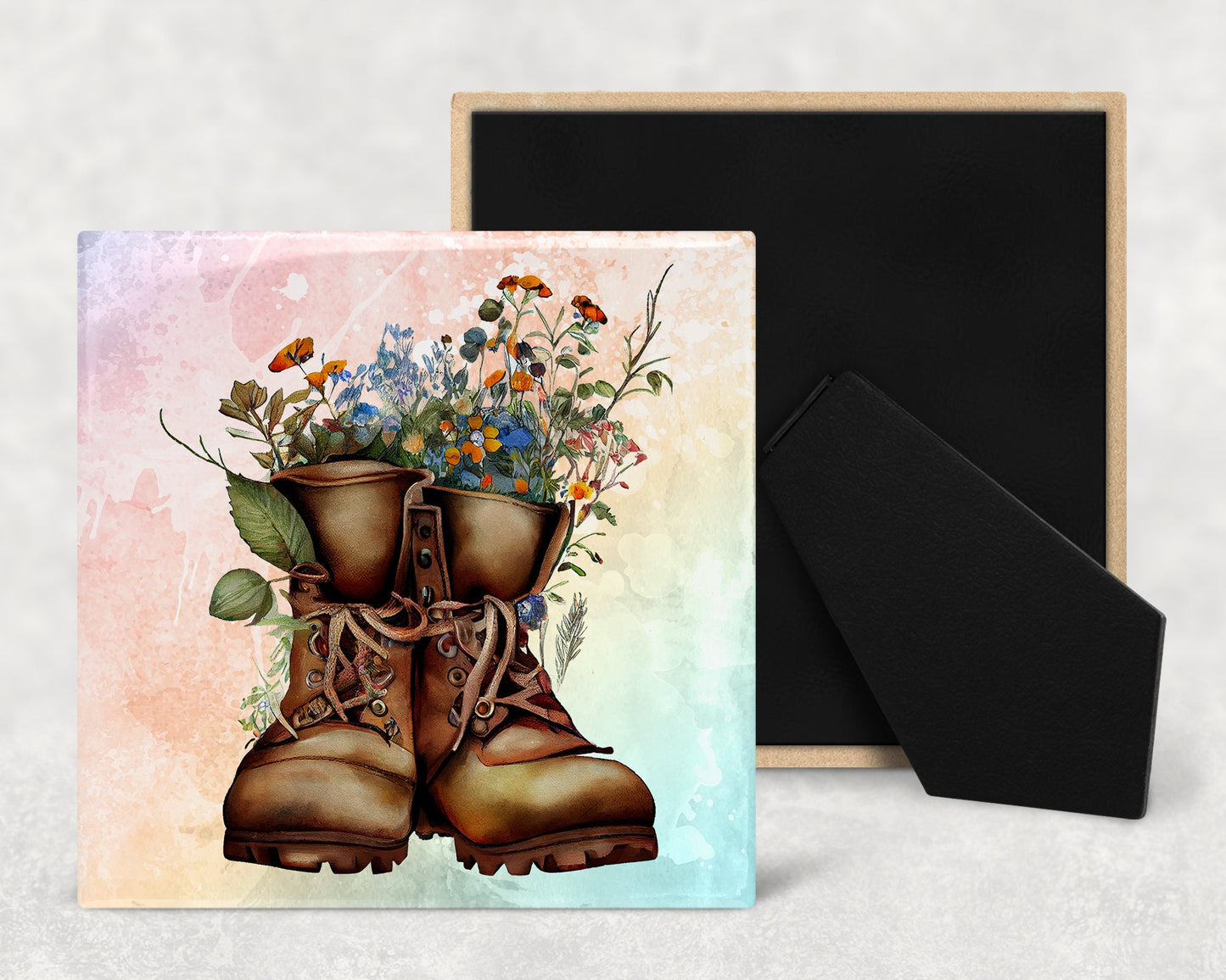 Floral Boots Art Decorative Ceramic Tile Set with Optional Easel Back - Available in 4 sizes - Set of 4