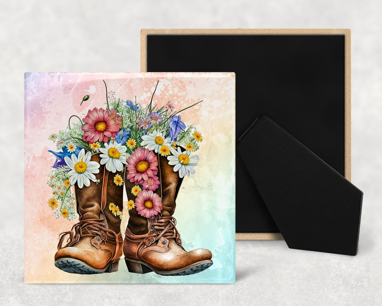 Floral Boots Art Decorative Ceramic Tile Set with Optional Easel Back - Available in 4 sizes - Set of 4