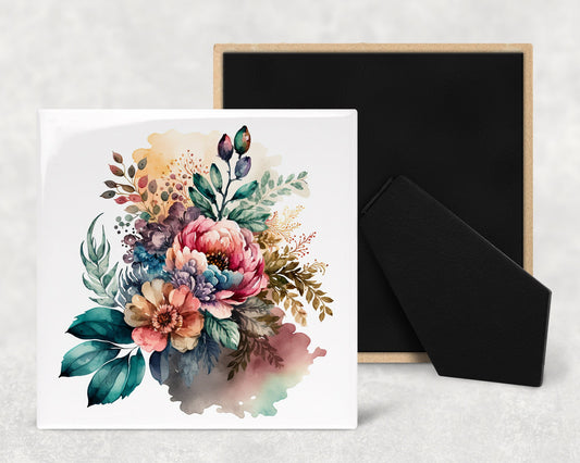 Boho Flowers Art Decorative Ceramic Tile Set with Optional Easel Back - Available in 4 sizes - Set of 4