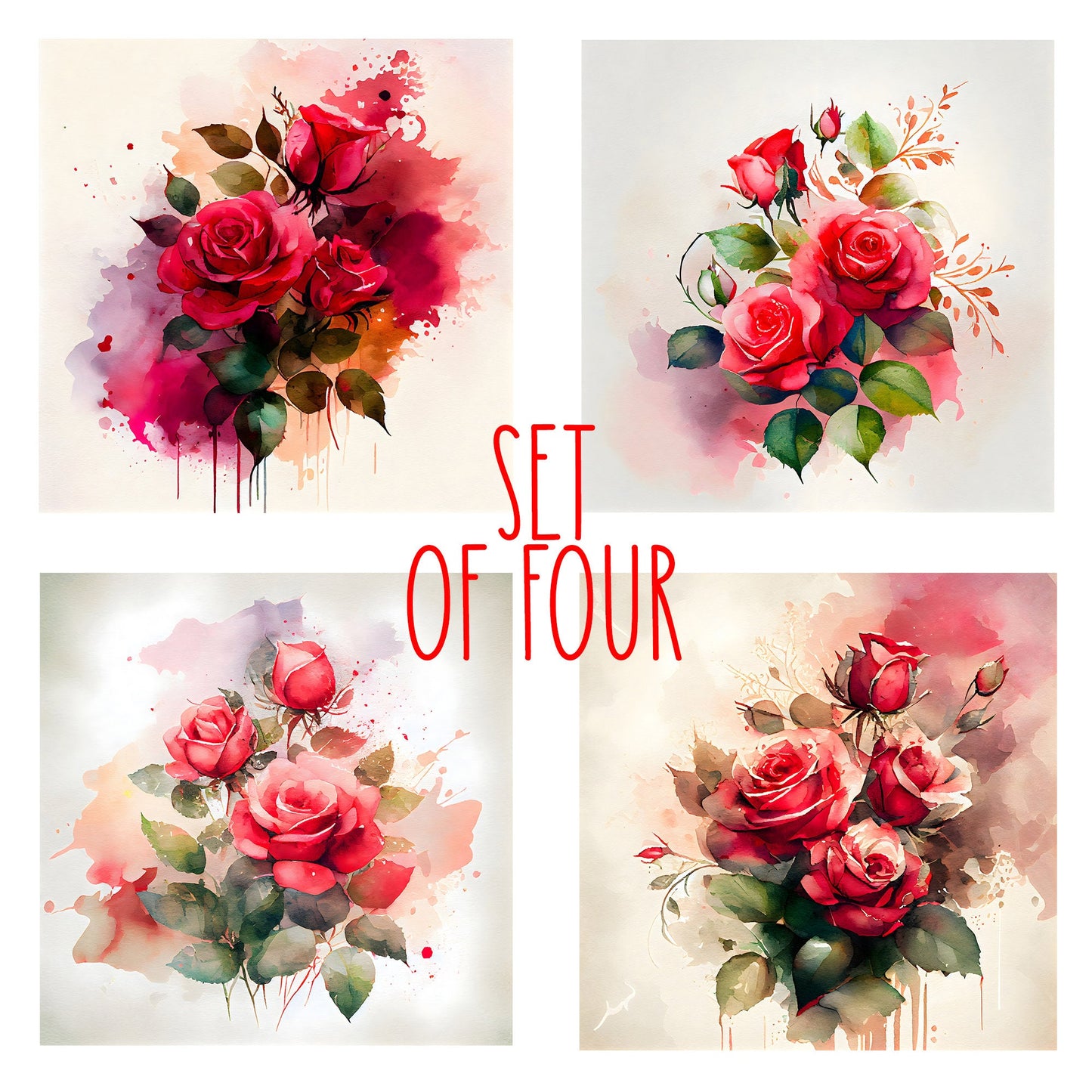 Rose Bouquet Art Decorative Ceramic Tile Set with Optional Easel Back - Available in 4 sizes - Set of 4